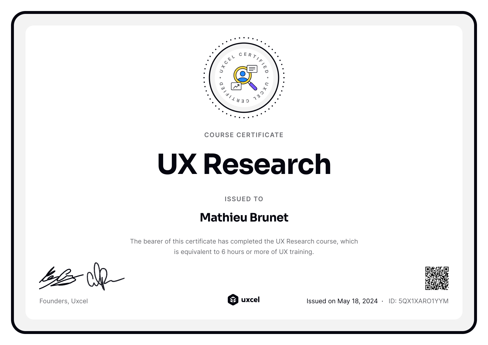 Mathieu Brunet's certificate